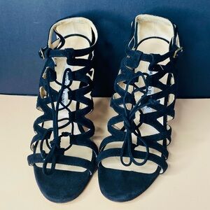 Manolo Blahnik Gladiator Black Suede Strappy Lace-Up Stiletto Sandals Size 38EU